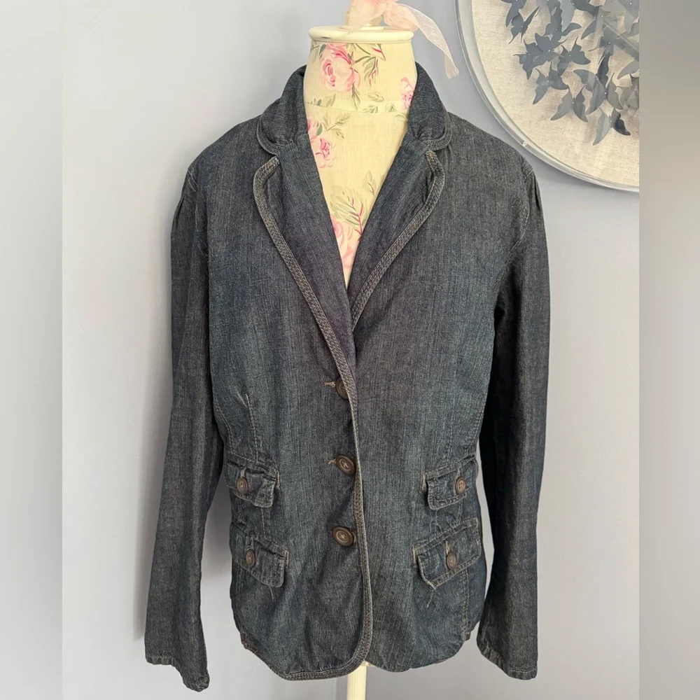 French Cuff Dark Denim Fitted Blazer Jacket